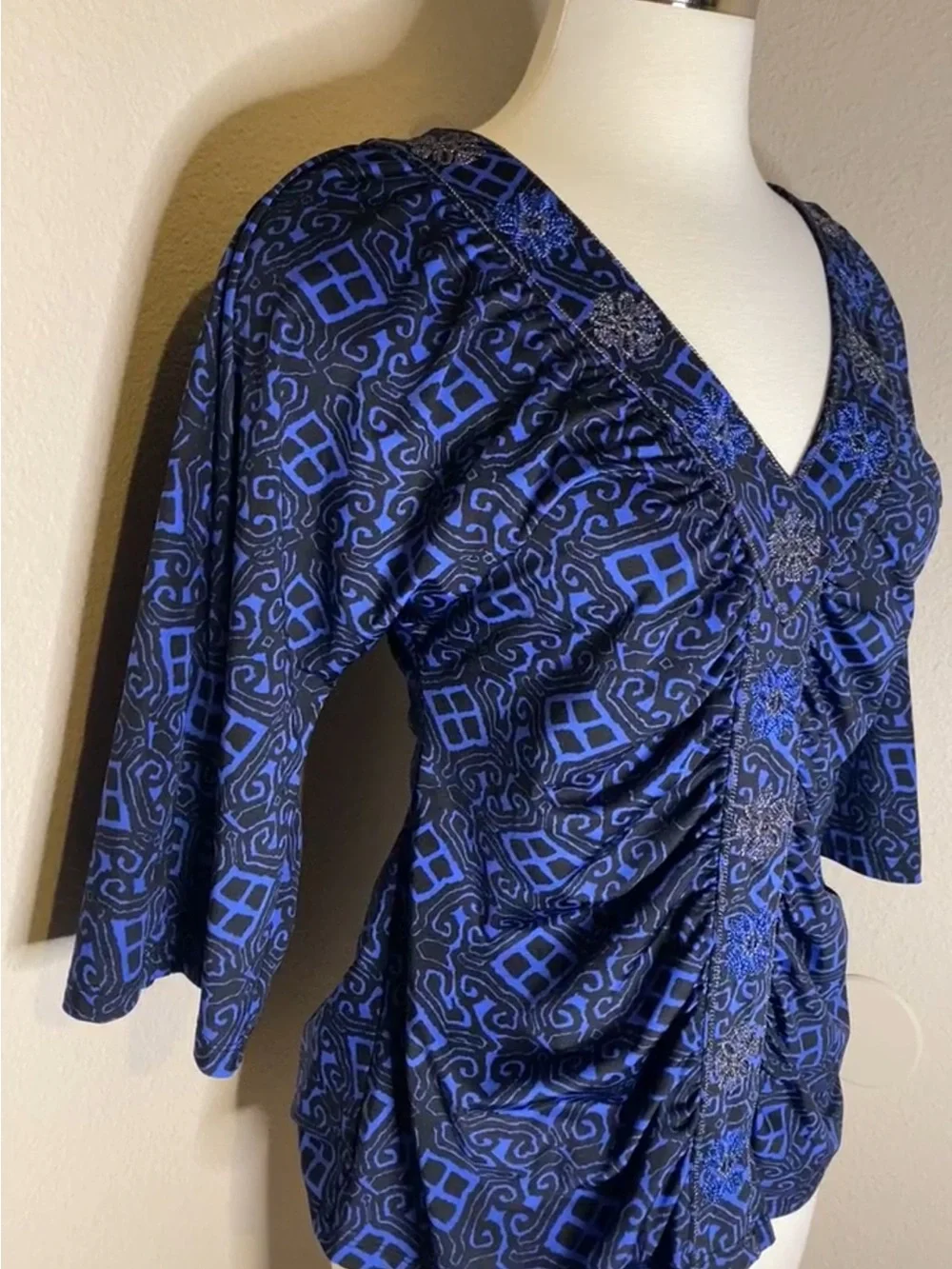 Women's Blue V-Neck Ruched Top with Embellished Buttons